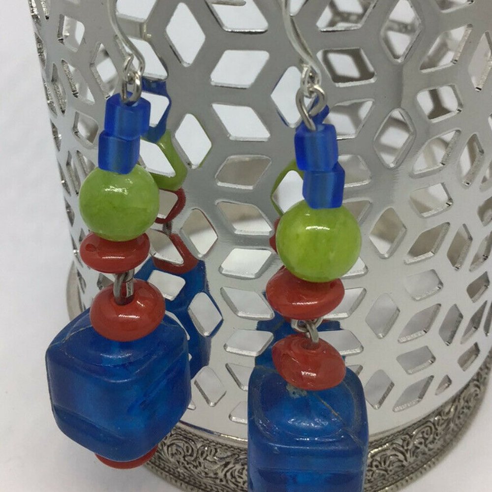 Artisan Earrings Silver Tone Glass and Stone Bead